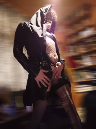 Goth Crossdresser Solo Masturbation in Choker &amp; Fishnet Thighs thumbnail
