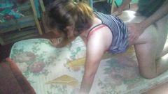 I doggy with medi in her short shredded dress