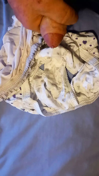 Tradesman wanking and cumming in granny panties while she's out.