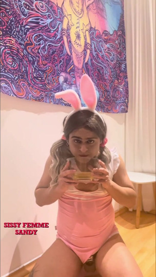 Chastity Sissy: Peeing in Bowl &amp; Swallowing (bunny Outfit) thumbnail