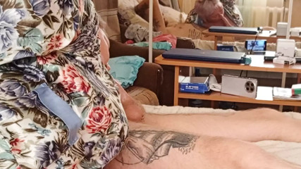 Mother-in-law jerks off and does blowjob with cumshot