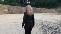 Grandma Is Walking Around a Gravel Pit in Tight Leggings and High Heels!