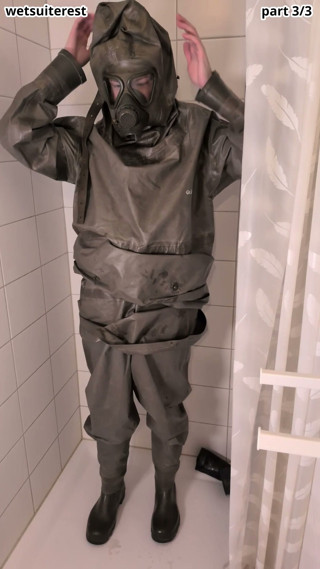 Undressing sweaty heavy rubber Zodiac Zodiak hazmat suit with rubber gloves, boots, plastic pants, gas mask