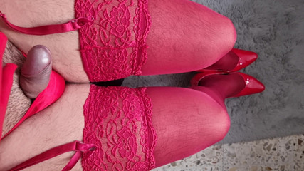 POV, Beautiful View of My Red Panties, Lace Stockings and Red Heels thumbnail