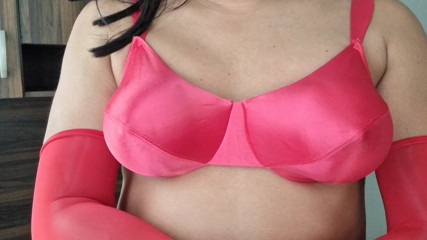 Sexy Vs Red Satin Bra, C Cup Caressing Boobs thumbnail