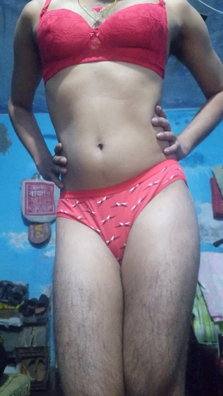 Indian Femboy Crossdresser Wearing His Step Sister's Red Bra and Panties thumbnail