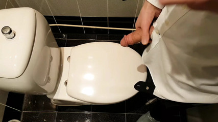 Caught hot sexy colleague secretly masturbating after pissing in office restroom during Xmas party on jerking co-worker