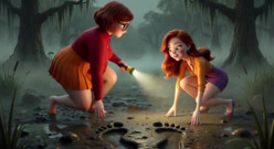 Two Stunning Women Lose Their Clothes in a Dark Swamp Searching for Their Friend and End up Naked in the Mud (ai Generated)