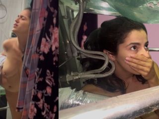 Stepsister gets facial cumshot through a hole in the sink!