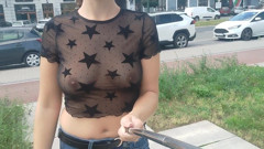 flashing boobs in the city, see-through blouse