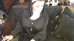 Nun Smoking Ashing in Her Bible Virginia Slims 120
