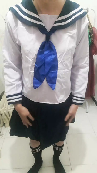 Asian crossdresser masturbating wearing japanese sailor uniform cosplay
