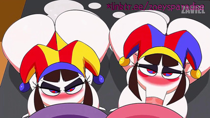 Two mischievous clowns are having fun after the show