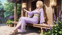 Blonde in Lavender! Kneeling Barefoot Under the Red Torii Gate, Her Andouf Fluttering in the Breeze