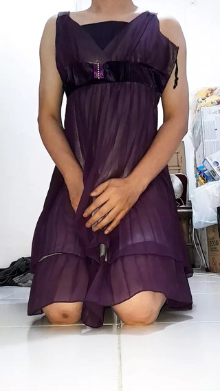 Asian crossdresser satin chiffon dress cum pleasure