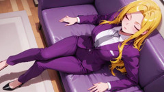 Blonde Boss in Purple Suit! Cyberpunk City Vs. Private Bedroom Contrast, Lazy Poses, Finger on Lips, Body Already Soaked!