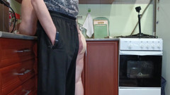 Dick Jerking in the Kitchen and Hot Cum in Stepmom's Mouth