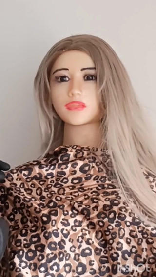 Tpe blonde Asian sex doll nylon hairdressing cape fetish play