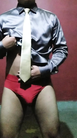 Masturbating in satin shirt and tie