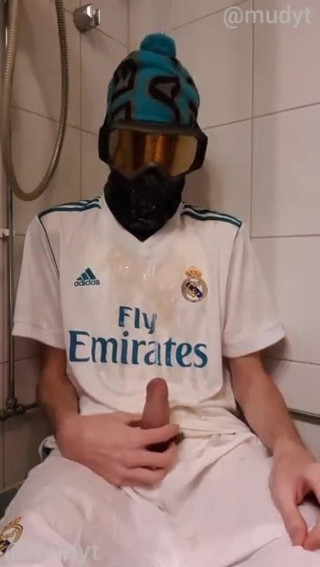 Guys in Adidas soccer kit white with blue stripes (piss)