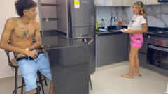 My shy stepsister catches me masturbating in the kitchen while she's making breakfast.
