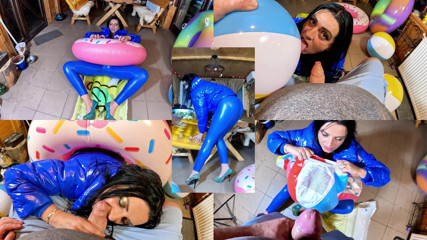 Dominant MILF Leather Pants and Glossy Downjacket. Air Mattress, Beach Ball Popping and Cum Play