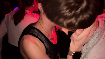 2 guys cum in mouth and ass of fagot in gay club