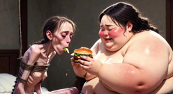 Skinny Girl Getting Fed by Huge Fat Woman - Contrast Feeding Fetish