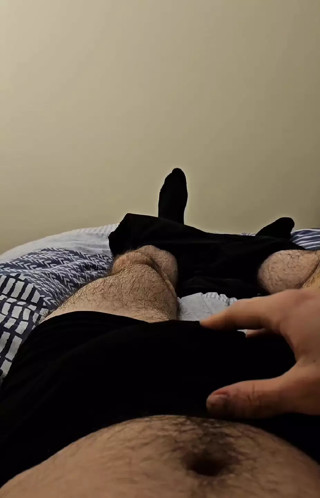 Straight guy playing with cock to cumshot in bed
