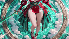 The Red-clad Blade's Private Tease! Green-haired Warrior in a Black-red Battle Robe, Commanding yet Shy on the Floating Terrace.