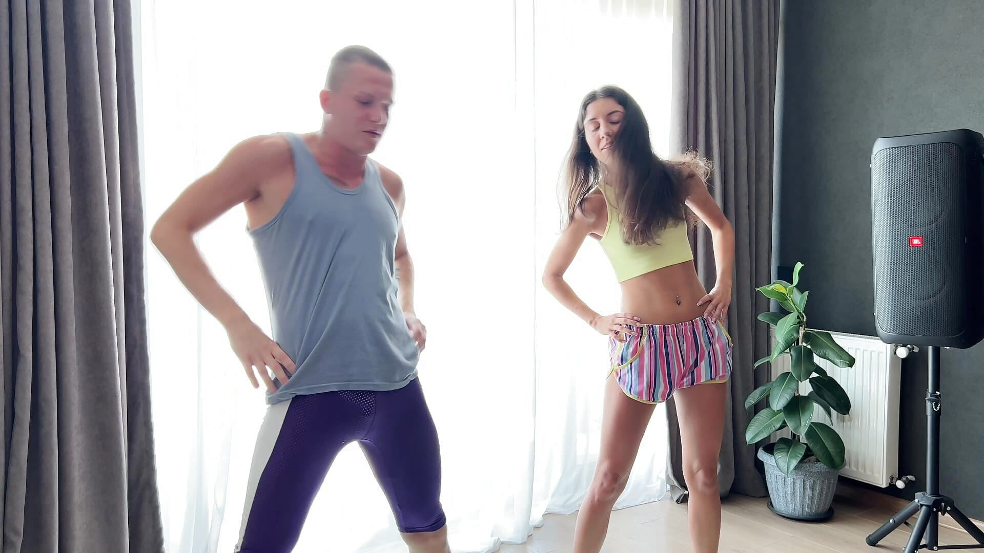 Bi threesome – stepdad seduces stepdaughter and her boyfriend during training for passionate sex