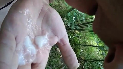Walk in the woods, cumshot on hand, licking your.