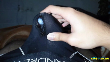 Jerking off my big uncut cock until I cum inside my black underwear and let the cum leak through them - Camilo Brown