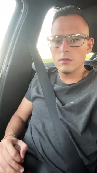 German twink boy jerks off in moving car and cums