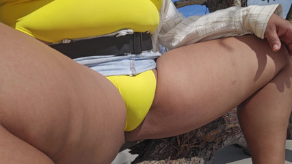 Girl in Brazilian Swimsuit Sitting Wide Opening Showing Her All Over