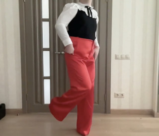 Sissy secretary in silk satin red wide leg trousers, high heels and school office blouse waiting her wife to be fucked