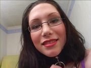 Dazzling brunette in glasses gets her cute face covered in cum after giving a blowjob 