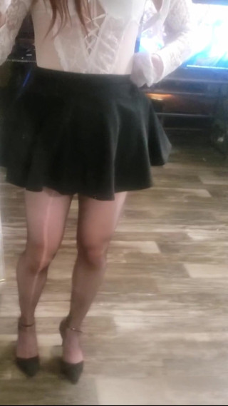Cute trans girl in showing her cute caged cock and ass in pantyhose