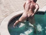 Soaking wet hairy man strips off his swimsuit and cums hard!