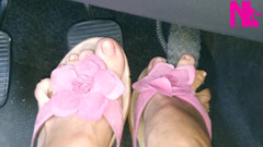Revving My Car in Pink Flowered Flip Flops