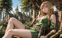 Green Elf in the Forest Secret! Kneeling Gaze Under Dappled Sunlight, a Dreamy Tease with Fingertips Touching Her Lips