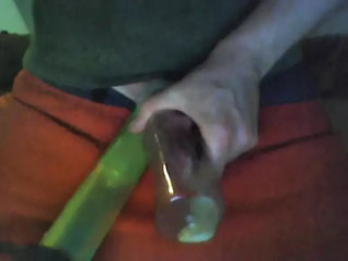 Shaved balls vacuum pumps and cock masturbating with juice bottle