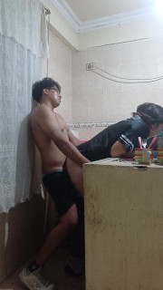 Maid fucked by her boss, almost discovered by her wife