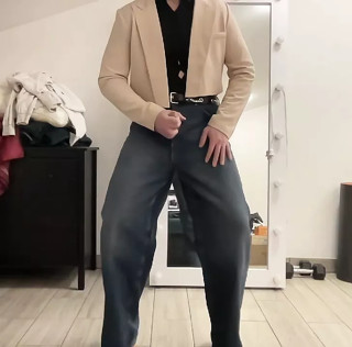 Office tranny in wide leg palazzo flared jeans, shirt body and crop jacket masturbating to be trained to cum in office