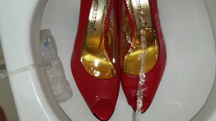 Pissing into Red Peeptoe Highheel Pumps