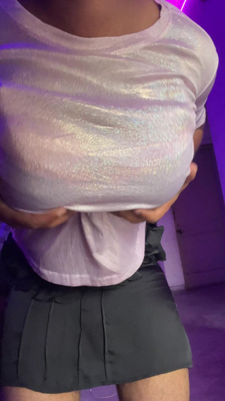 shiny pink top big boobs tight skirt indian crossdresser thumbnail