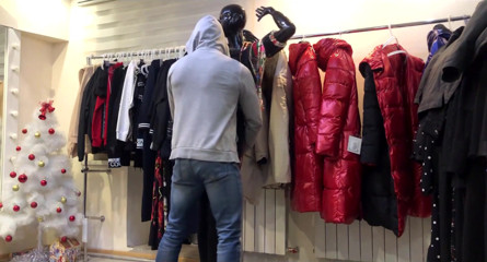 A straight guy with a hot ass fucks a mannequin in a shop! Risky masturbation in a public place