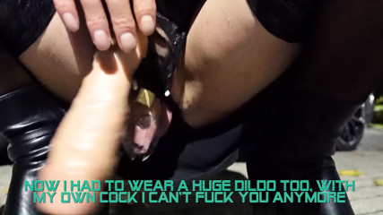 Walked around in penis cage with vibro egg and huge dildo thumbnail