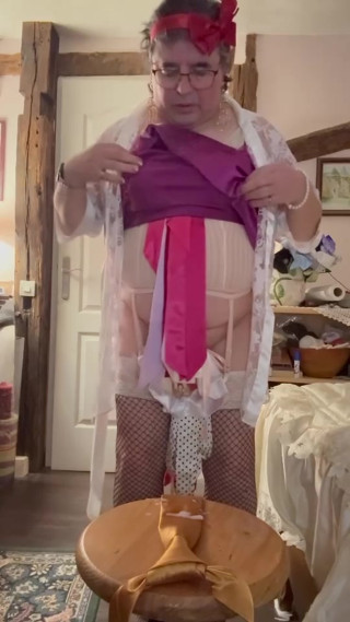 In an outfit with a cum-stained nightie and her negligee to cum on the golden tie thumbnail