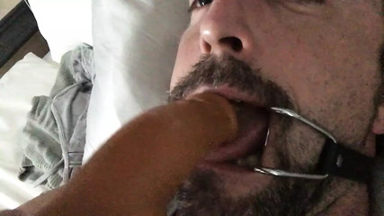 Hands free cum from estim while gagged and sucking cum soaked dildo